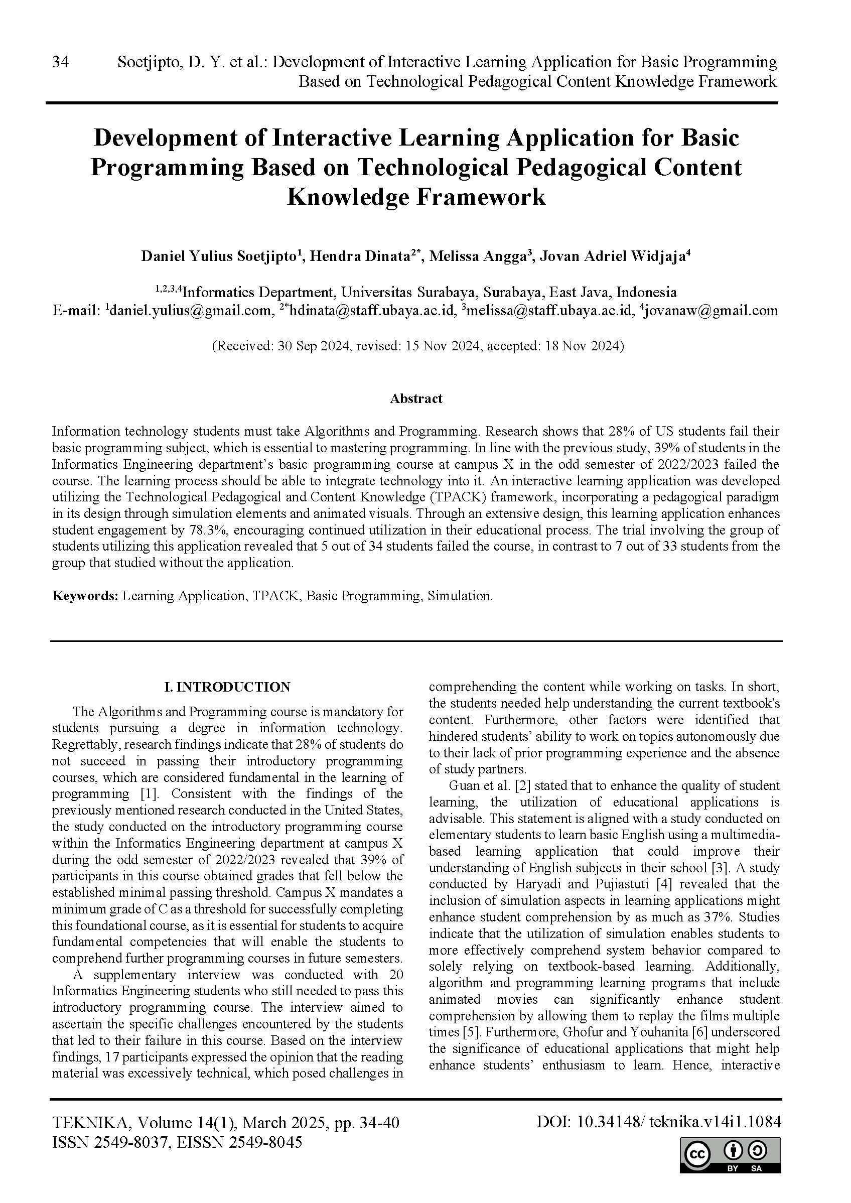 Development of Interactive Learning Application for Basic Programming Based on Technological Pedagogical Content Knowledge Framework