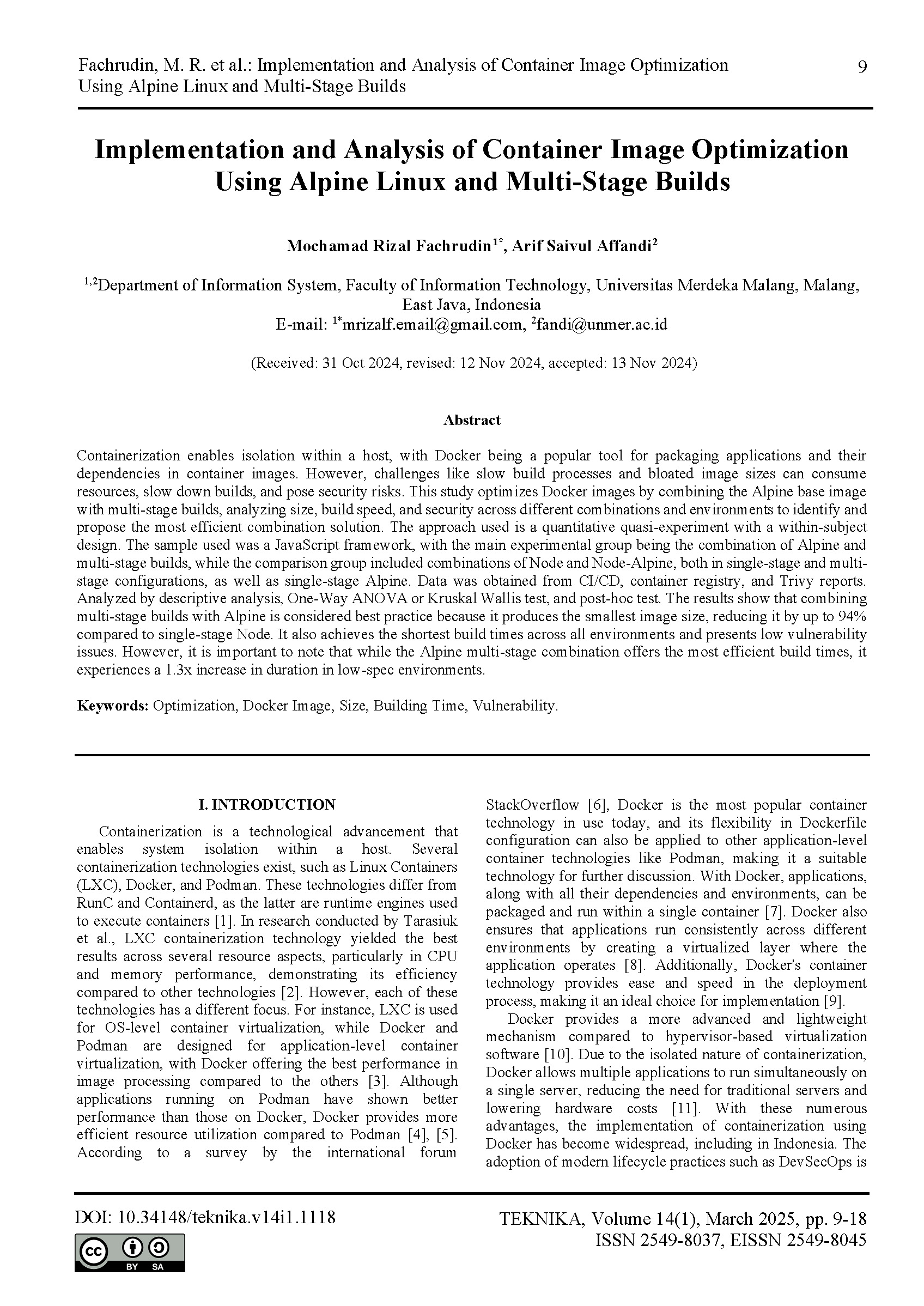 Implementation and Analysis of Container Image Optimization Using Alpine Linux and Multi-Stage Builds