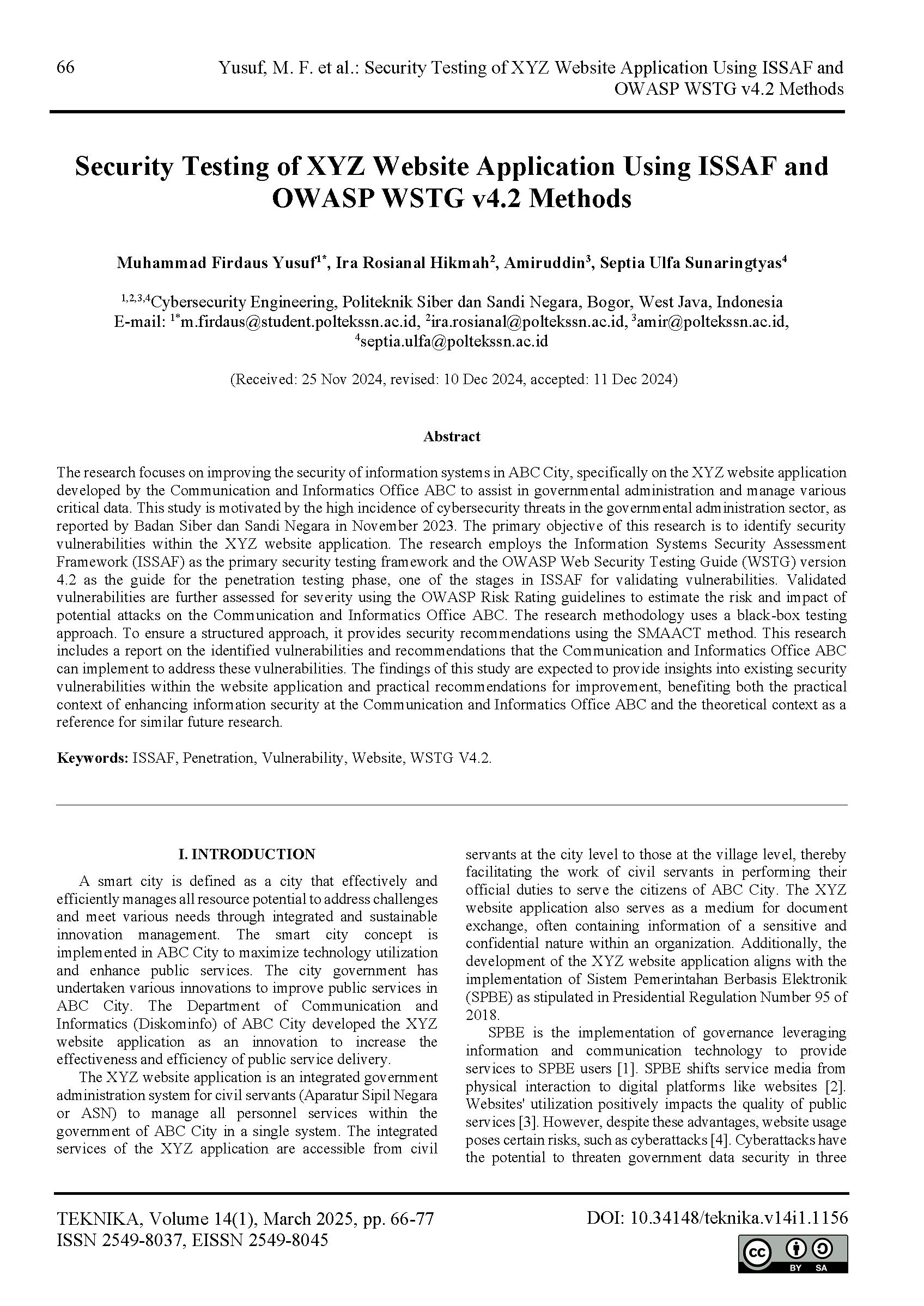 Security Testing of XYZ Website Application Using ISSAF and OWASP WSTG v4.2 Methods