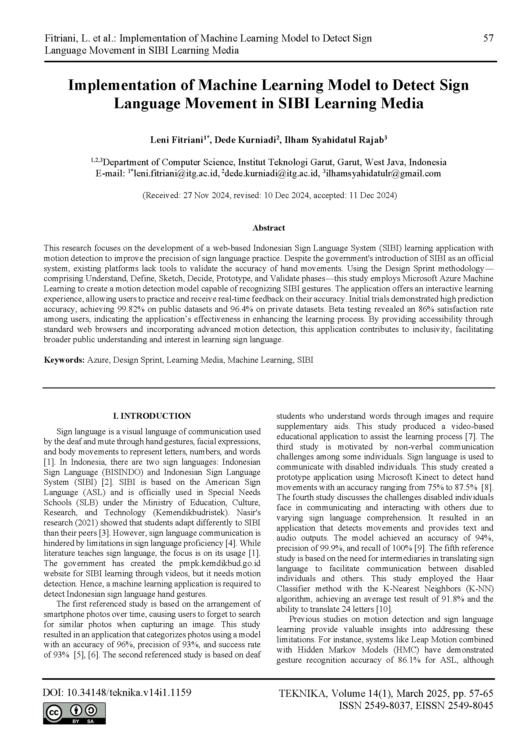 Implementation of Machine Learning Model to Detect Sign Language Movement in SIBI Learning Media