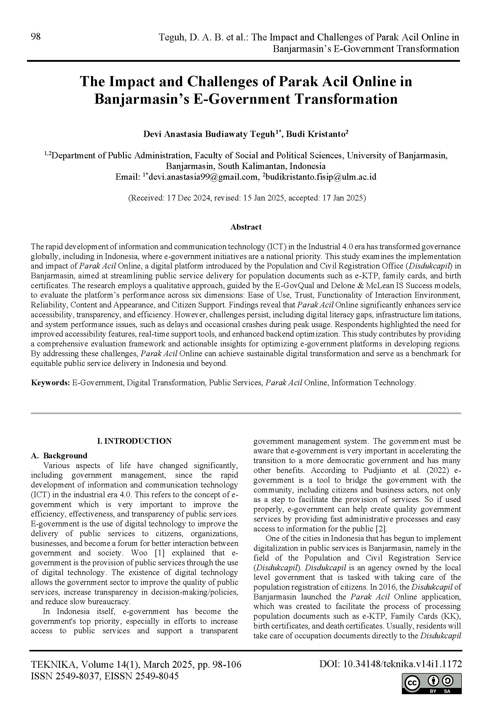 The Impact and Challenges of Parak Acil Online in Banjarmasin’s E-Government Transformation