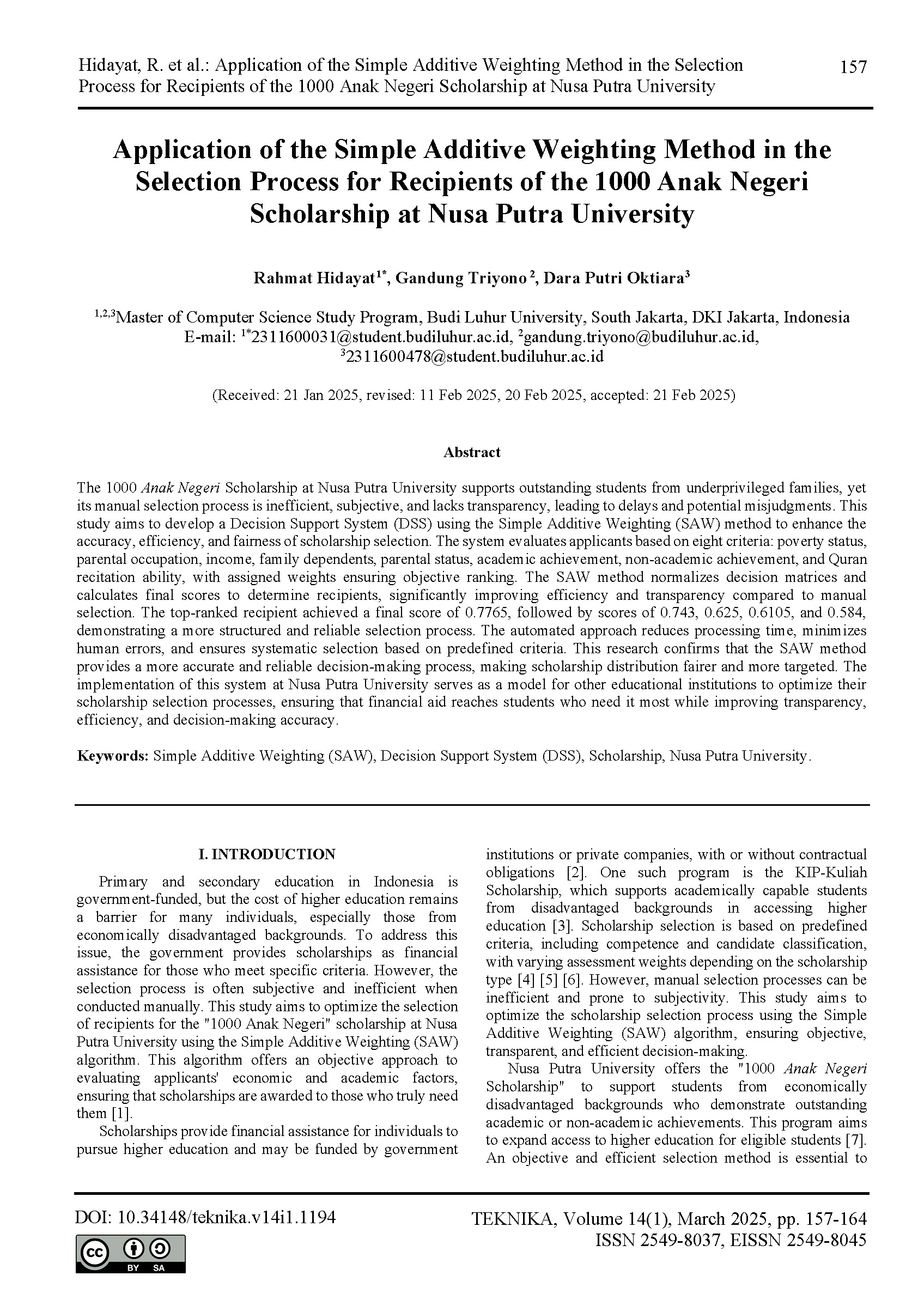 Application of the Simple Additive Weighting Method in the Selection Process for Recipients of the 1000 Anak Negeri Scholarship at Nusa Putra University