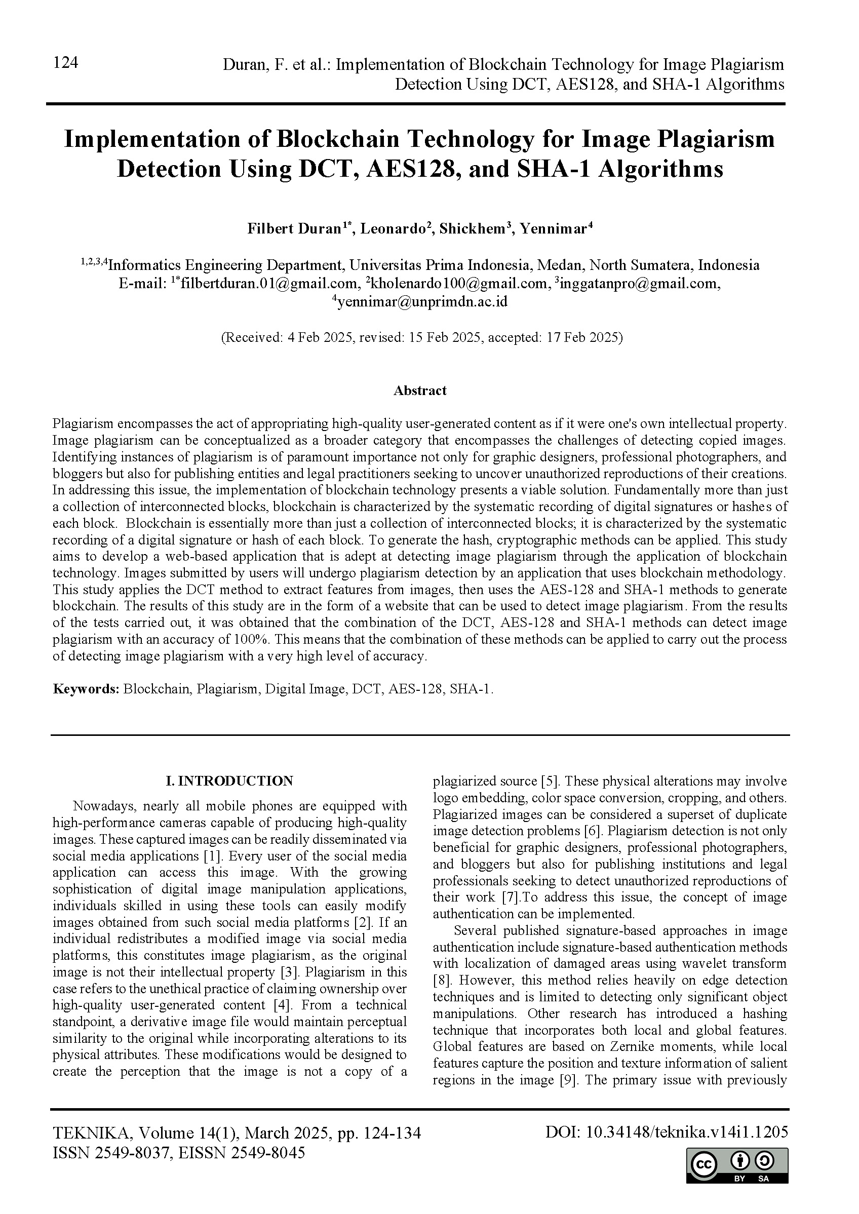 Implementation of Blockchain Technology for Image Plagiarism Detection Using DCT, AES128, and SHA-1 Algorithms