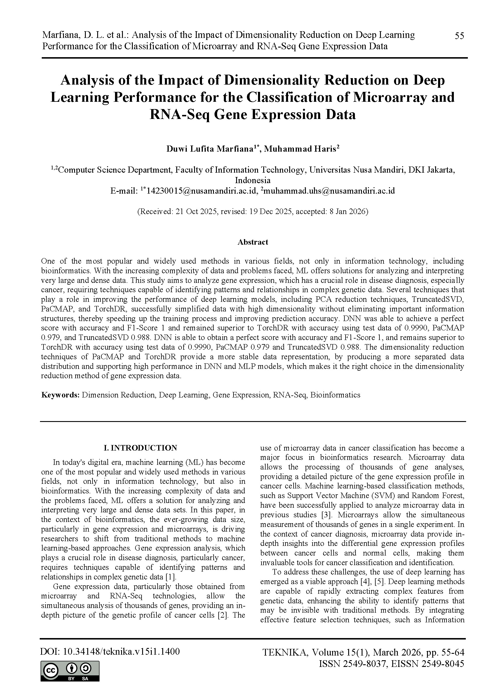Analysis of the Impact of Dimensionality Reduction on Deep Learning Performance for the Classification of Microarray and RNA-Seq Gene Expression Data
