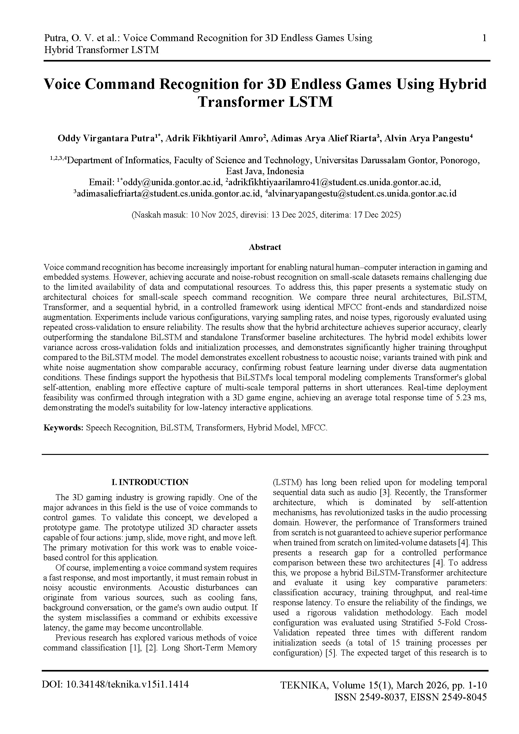 Voice Command Recognition for 3D Endless Games Using Hybrid Transformer LSTM