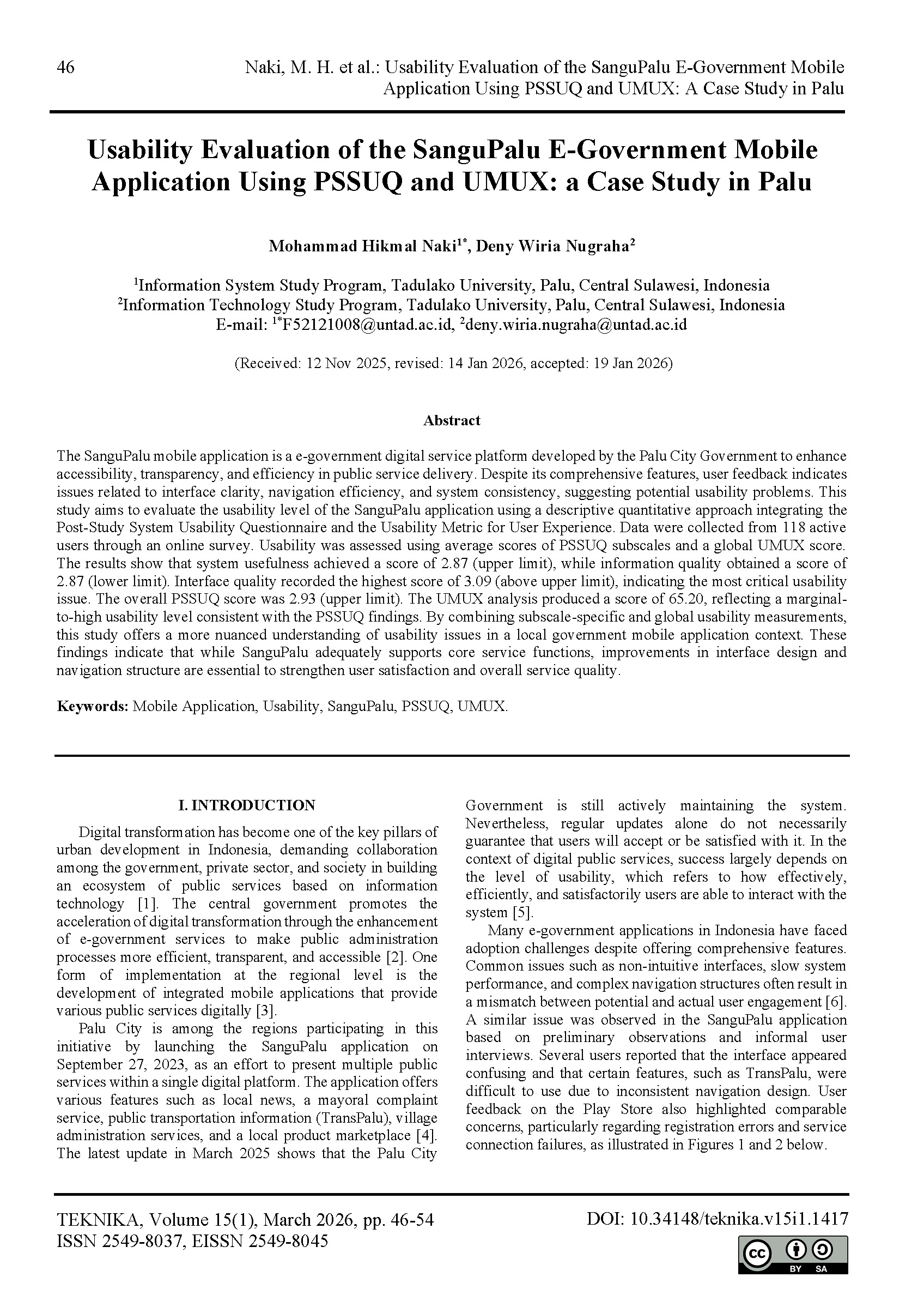 Usability Evaluation of the SanguPalu E-Government Mobile Application Using PSSUQ and UMUX: a Case Study in Palu