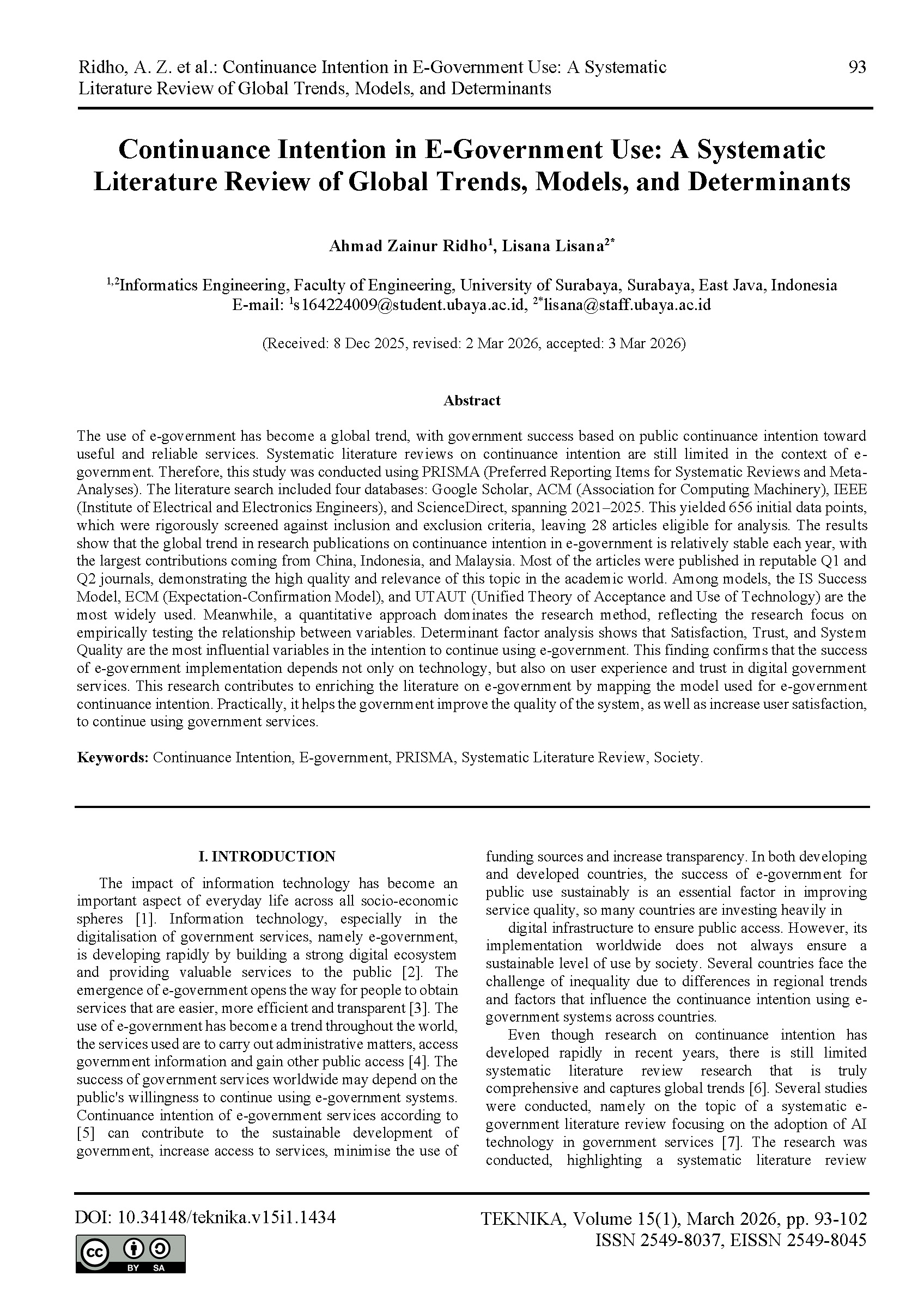 Continuance Intention in E-Government Use: A Systematic Literature Review of Global Trends, Models, and Determinants