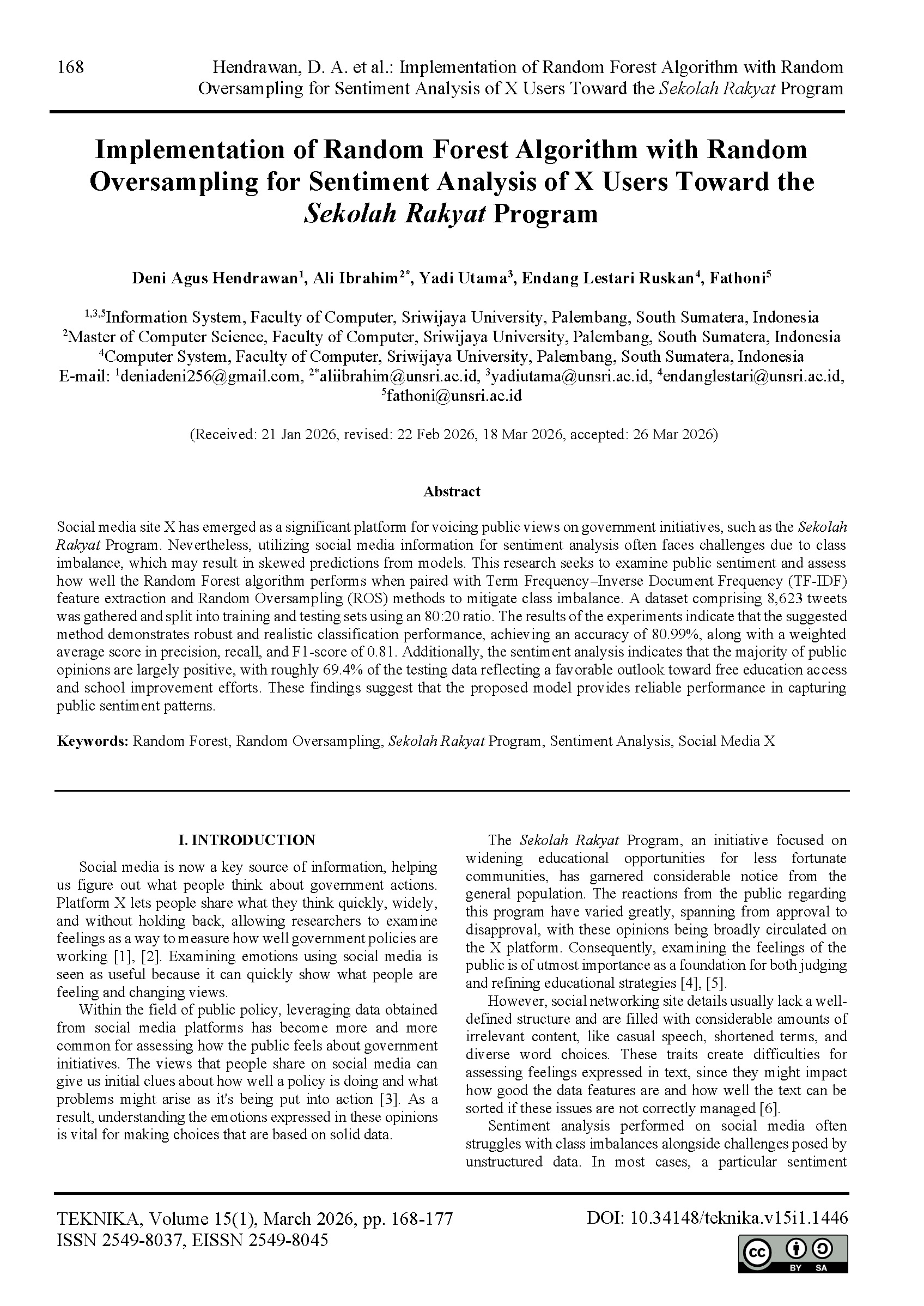 Implementation of Random Forest Algorithm with Random Oversampling for Sentiment Analysis of X Users Toward the Sekolah Rakyat Program