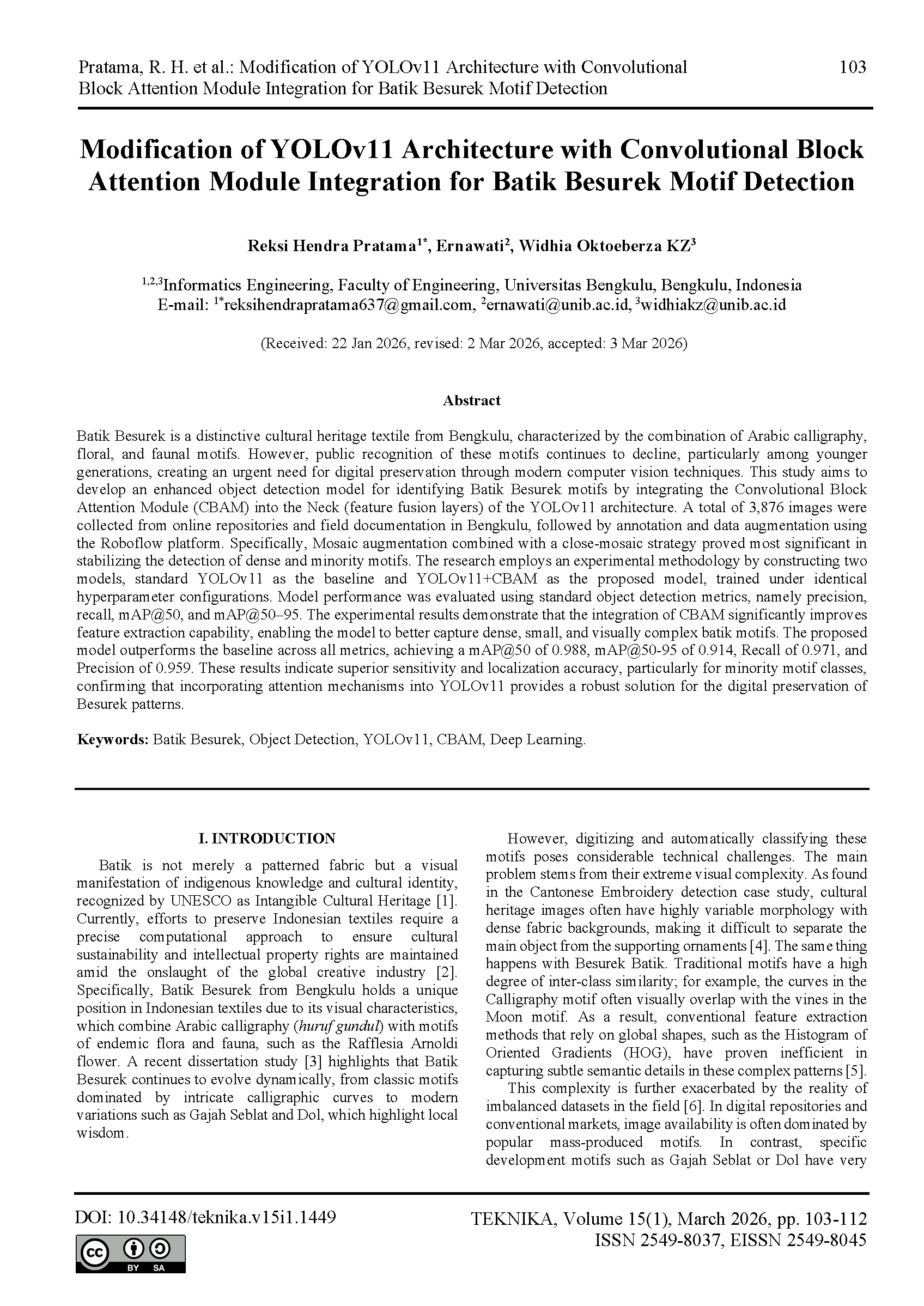 Modification of YOLOv11 Architecture with Convolutional Block Attention Module Integration for Batik Besurek Motif Detection