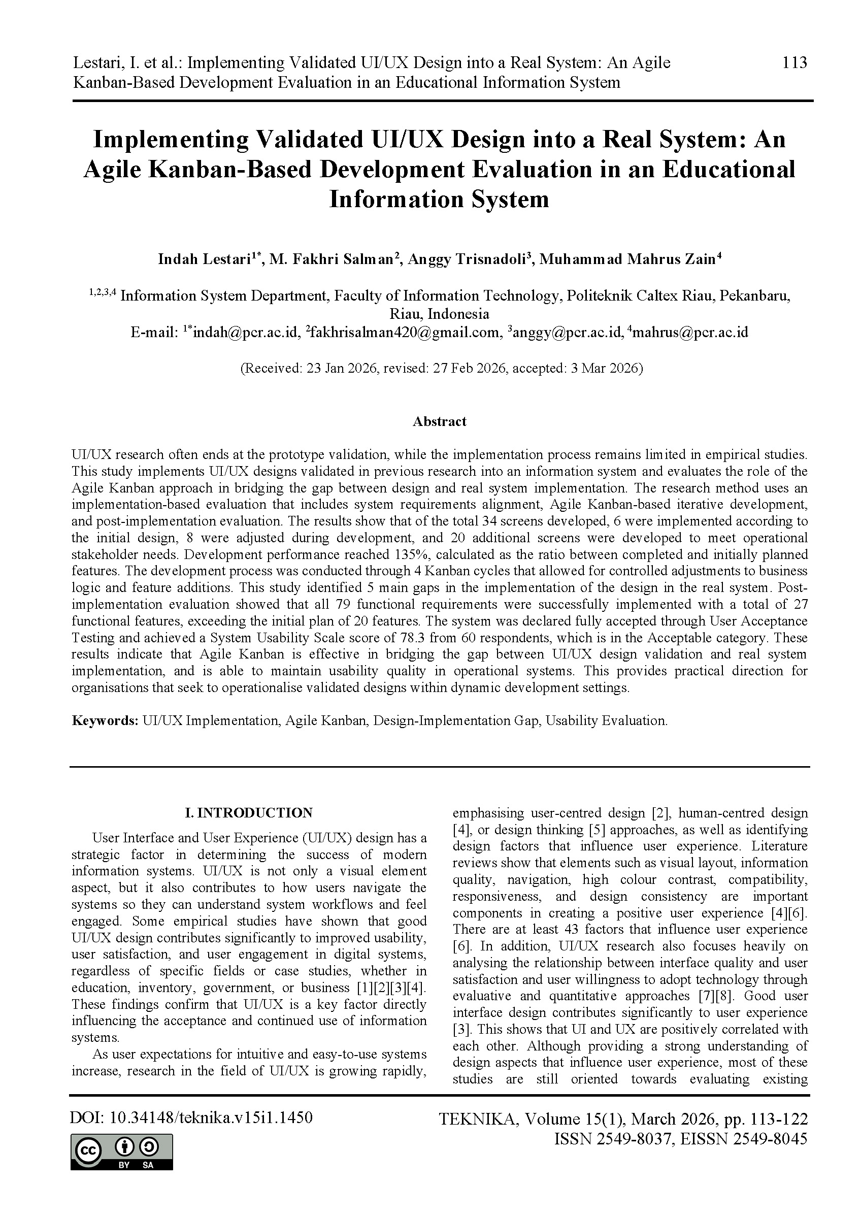 Implementing Validated UI/UX Design into a Real System: An Agile Kanban-Based Development Evaluation in an Educational Information System