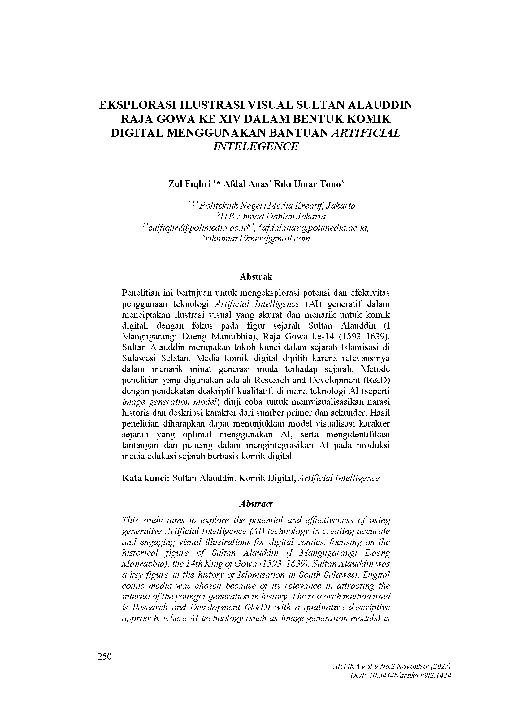Eksplorasi Ilustrasi Visual Sultan Alauddin Raja Gowa ke XIV Dalam Bentuk Komik Digital Menggunakan Bantuan Artificial Intelligence