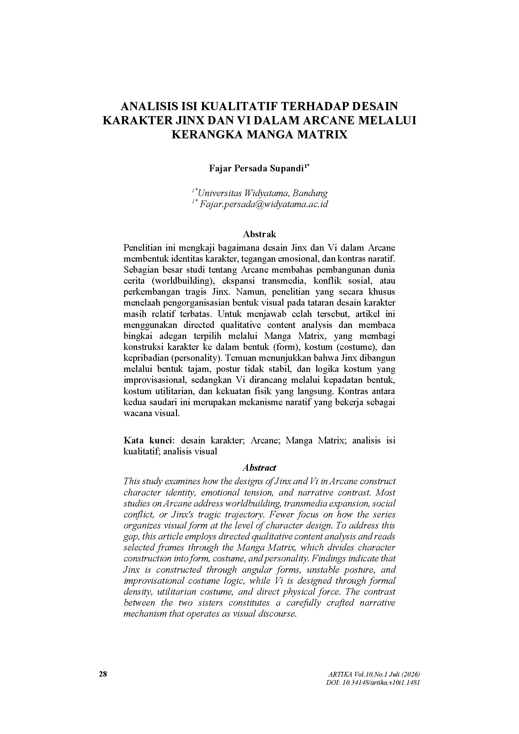 Analisis Isi Kualitatif Terhadap Desain Karakter Jinx dan Vi Dalam Arcane Melalui Kerangka Manga Matrix